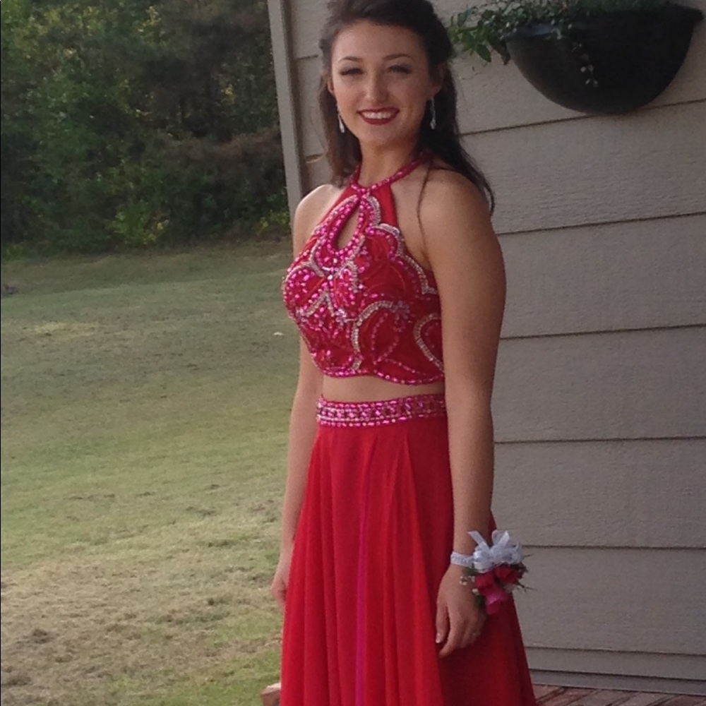 Rachel Allan formal 2 piece long dress.  Pink/red